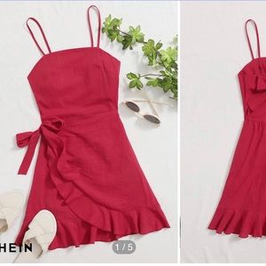 Tied open back ruffle trim wrap front cami dress red